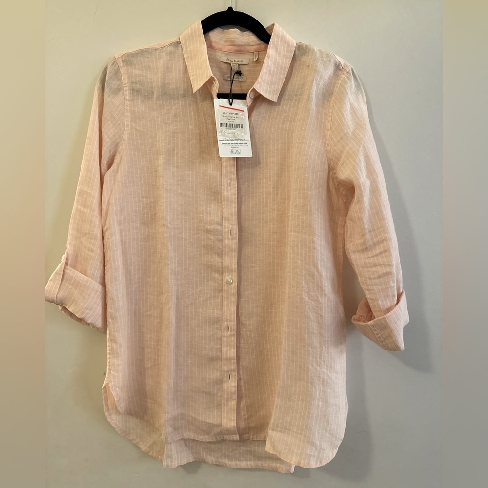 Babour, marine shirt in pale pink with thin white stripes